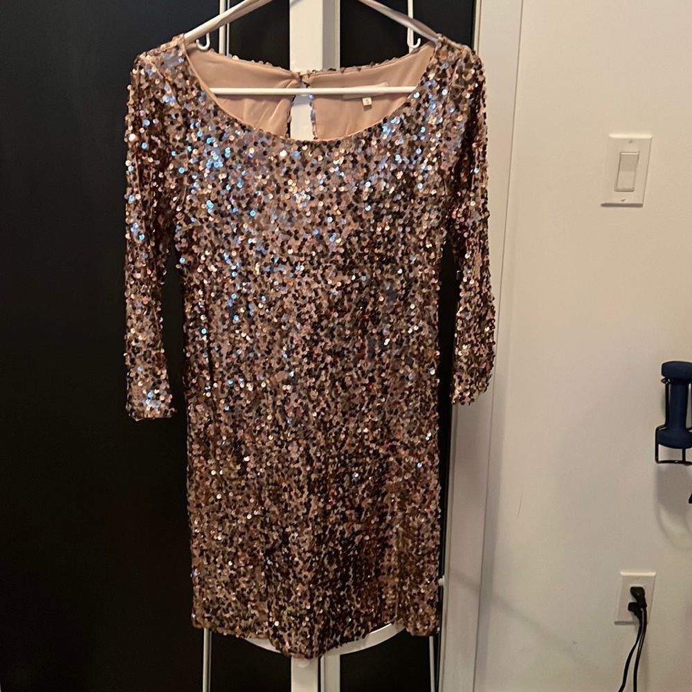 Arden B light pink sequin mini dress with back opening & 3/4 sleeves